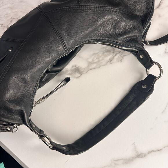 Vintage B Makowsky Y2K Studded Leather Shoulder Bag Black Gold Silver Fringe - Picture 9 of 11